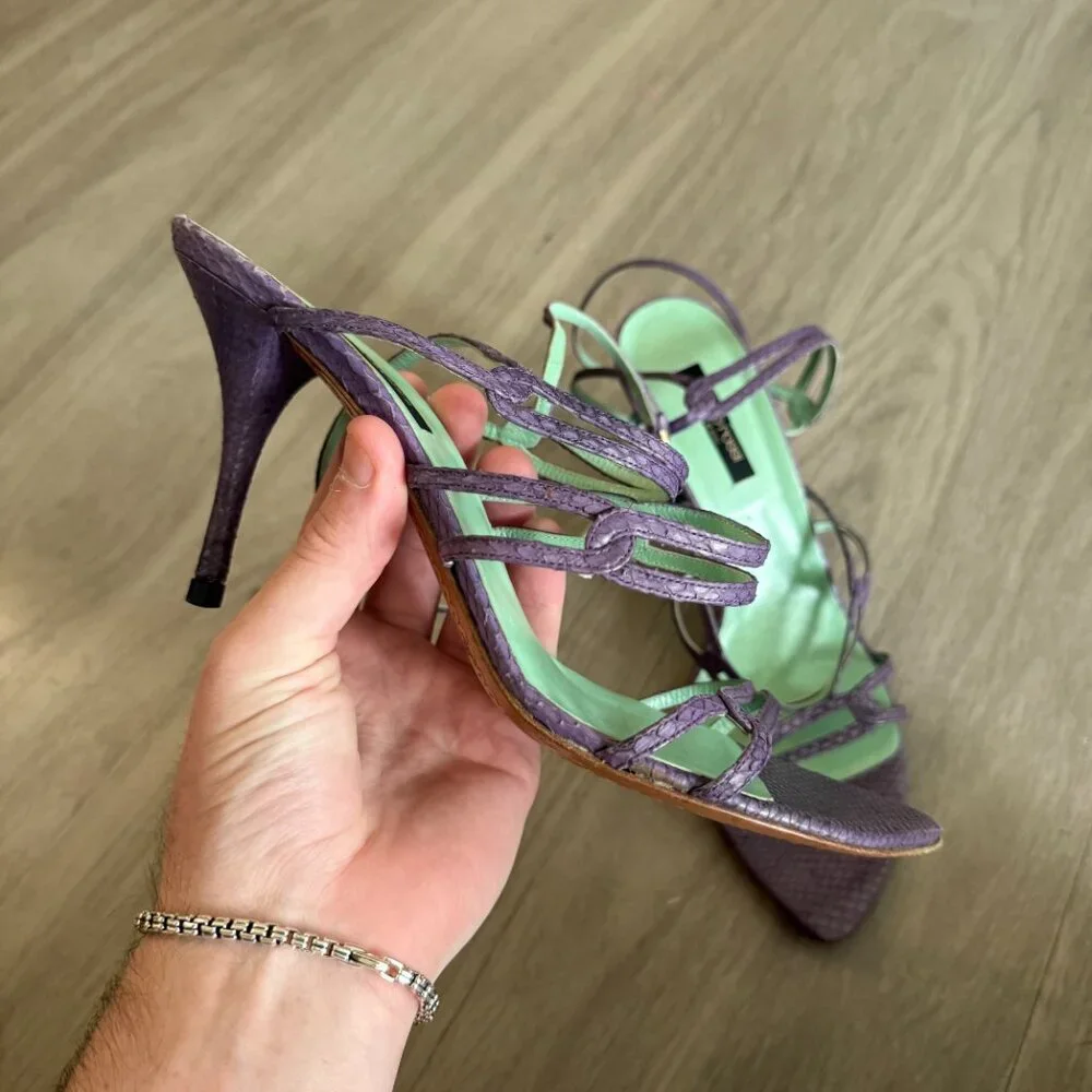Sergio Rossi Purple Strappy Heels with Mint Green Insole - Picture 2 of 6